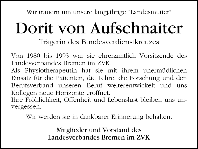 Traueranzeige von Dorit von Aufschnaiter von WESER-KURIER