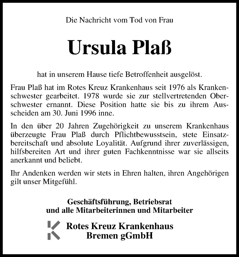 Traueranzeige von Ursula Plaß von WESER-KURIER
