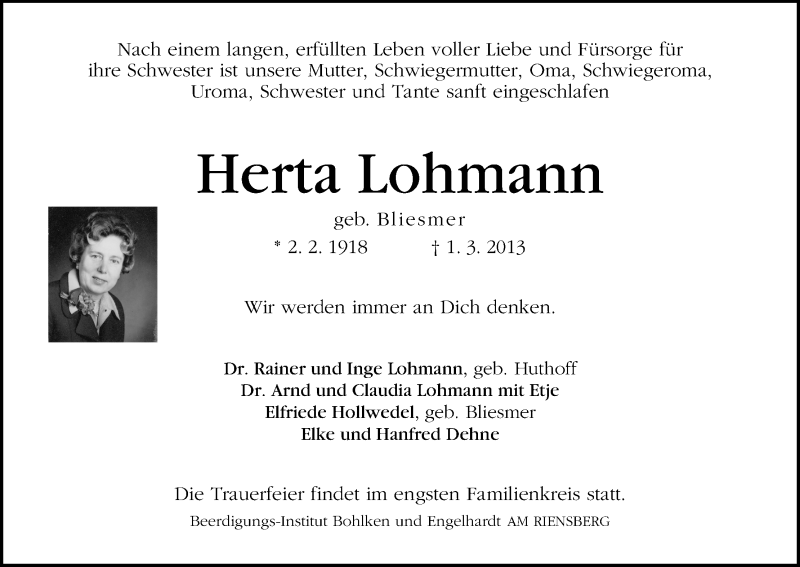 Traueranzeige von Herta Lohmann von WESER-KURIER