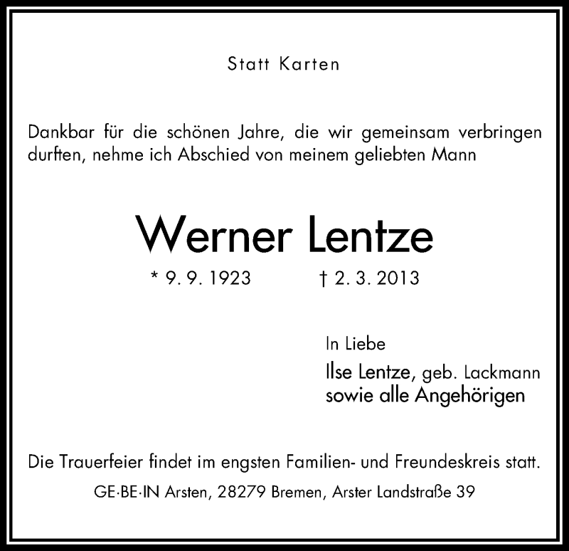 Traueranzeige von Werner Lentze von WESER-KURIER