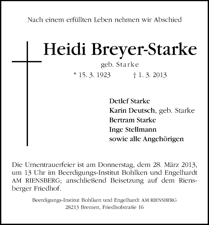 Traueranzeige von Heidi Breyer-Starke von WESER-KURIER