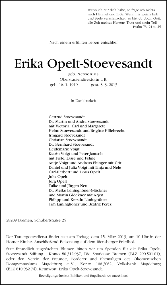 Traueranzeige von Erika Opelt-Stoevesandt von WESER-KURIER