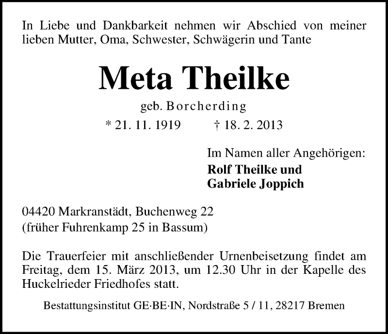 Traueranzeige von Meta Theilke von WESER-KURIER
