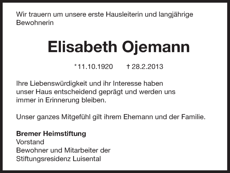 Traueranzeige von Elisabeth Ojemann von WESER-KURIER