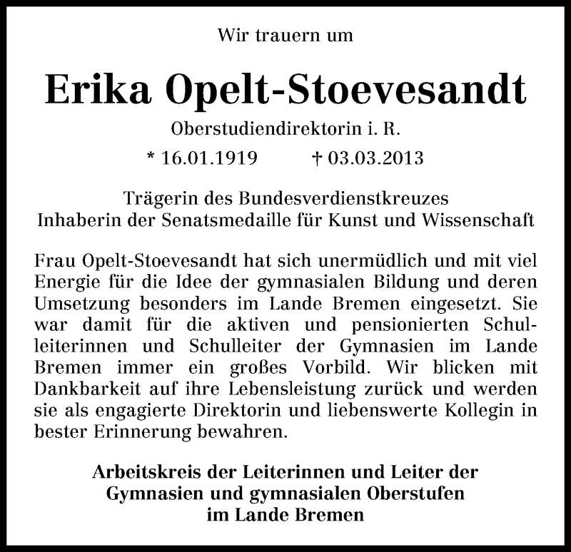 Traueranzeige von Erika Opelt-Stoevesandt von WESER-KURIER