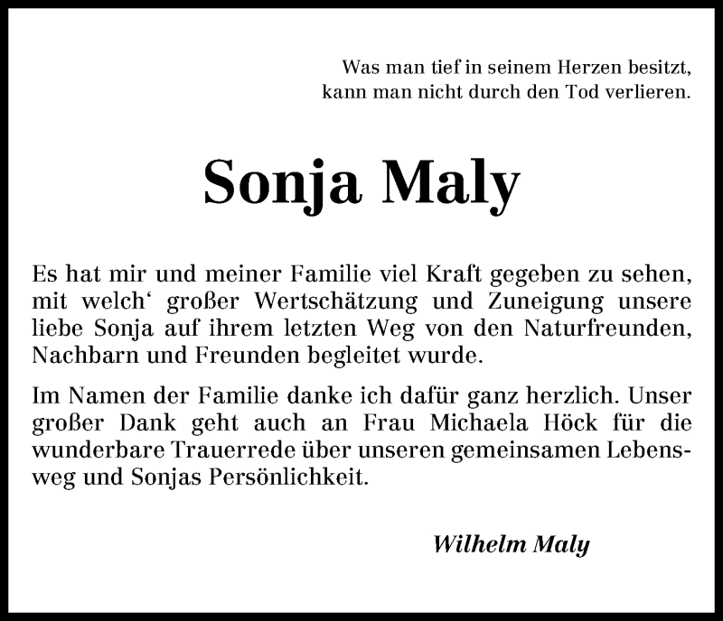 Traueranzeige von Sonja Maly von WESER-KURIER