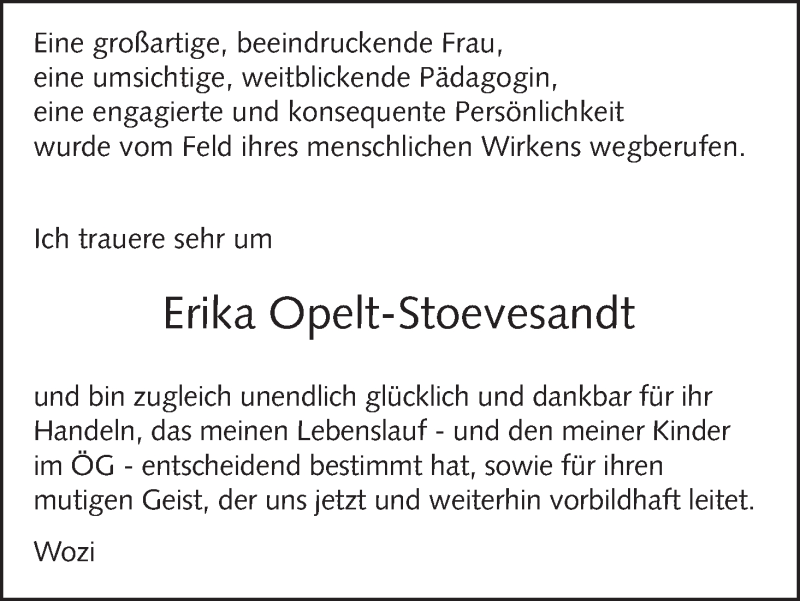 Traueranzeige von Erika Opelt-Stoevesandt von WESER-KURIER