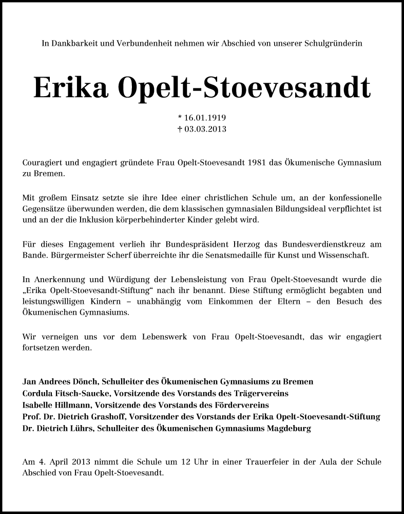 Traueranzeige von Erika Opelt-Stoevesandt von WESER-KURIER