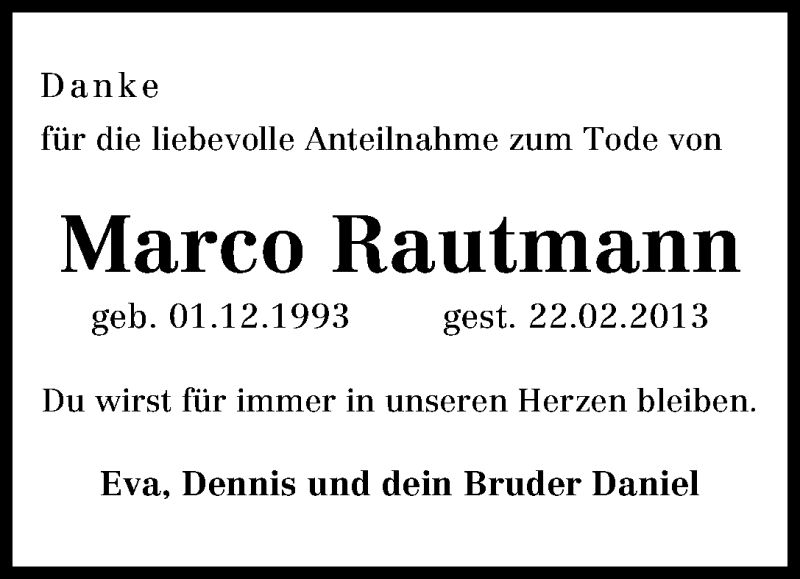 Traueranzeige von Marco Rautmann von WESER-KURIER