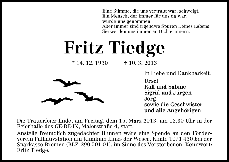 Traueranzeige von Fritz Tiedge von WESER-KURIER
