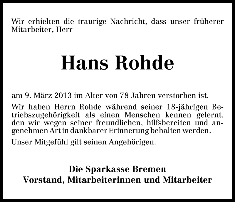 Traueranzeige von Hans Rohde von WESER-KURIER