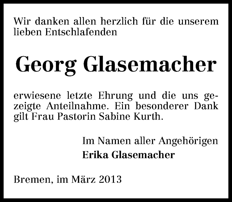 Traueranzeige von Georg Glasemacher von WESER-KURIER