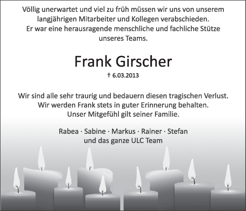 Traueranzeige von Frank Girscher von WESER-KURIER