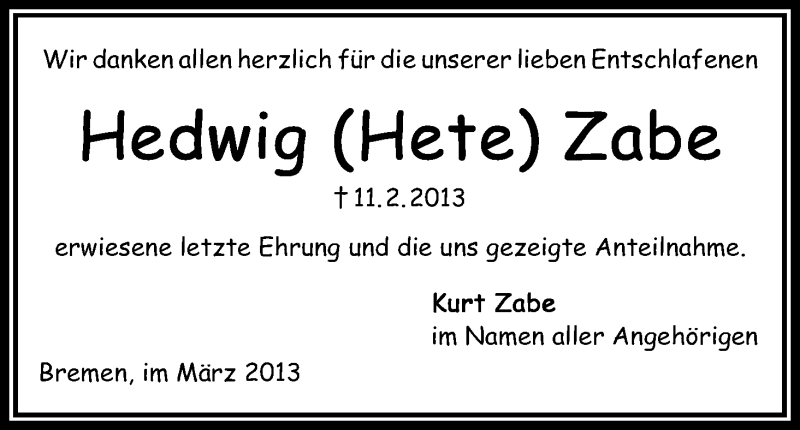 Traueranzeige von Hedwig Zabe von WESER-KURIER