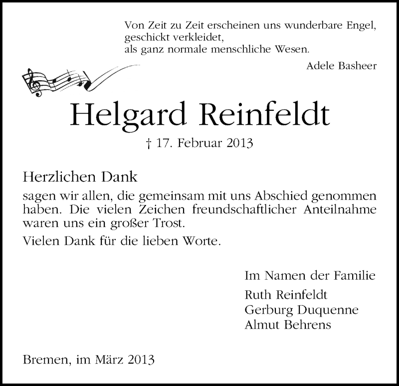Traueranzeige von Helgard Reinfeldt von WESER-KURIER