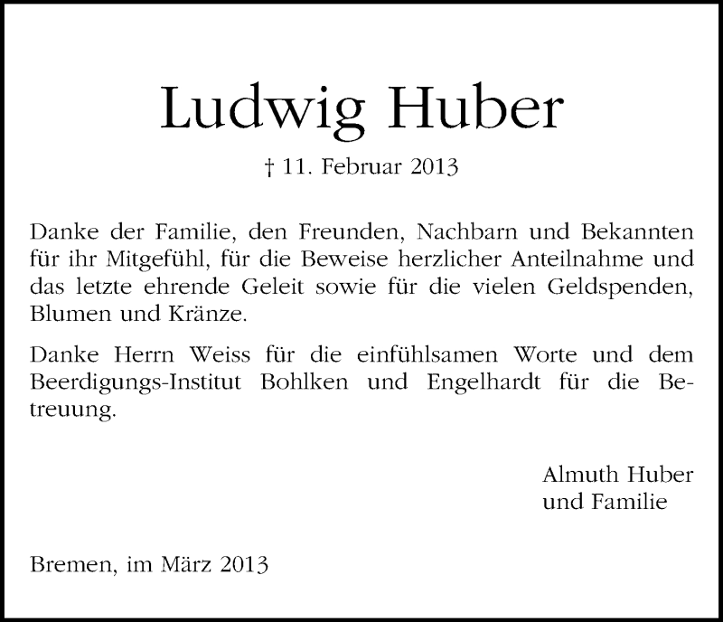 Traueranzeige von Ludwig Huber von WESER-KURIER