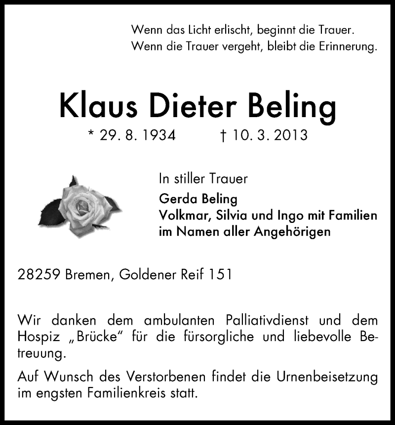 Traueranzeige von Klaus Dieter Beling von WESER-KURIER