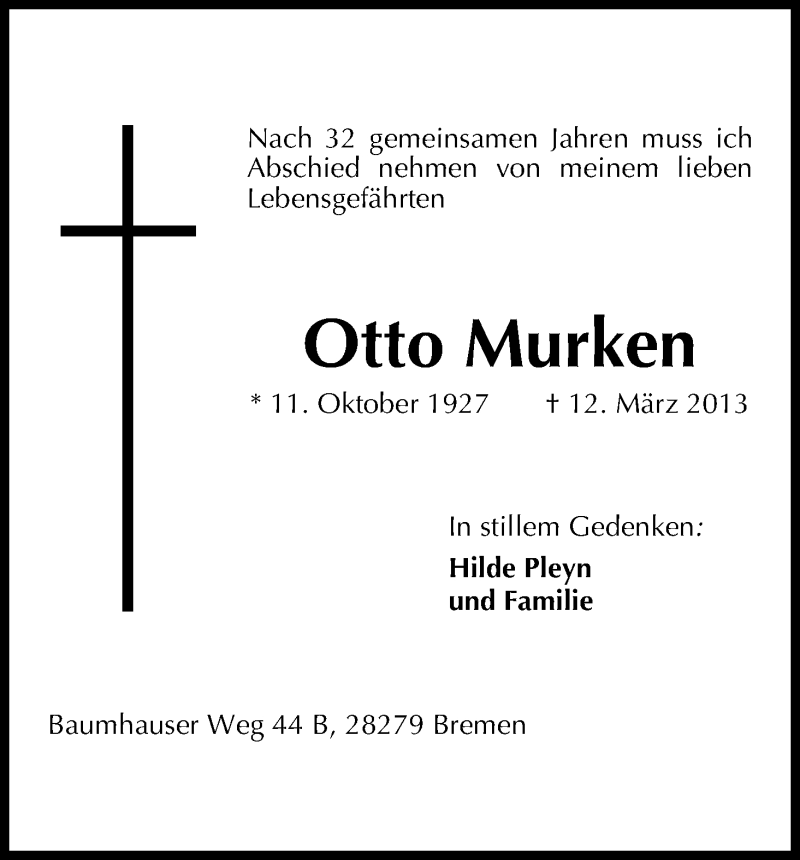 Traueranzeige von Otto Murken von WESER-KURIER
