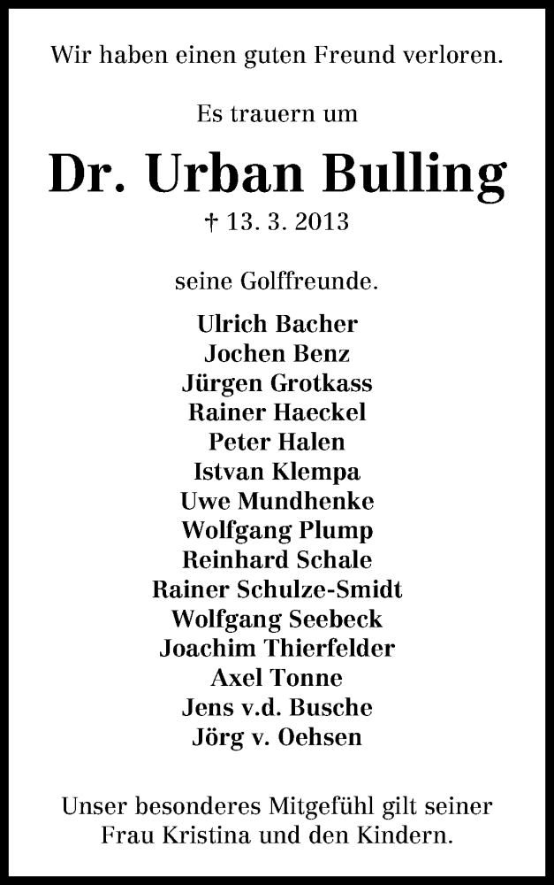 Traueranzeige von Urban Bulling von WESER-KURIER