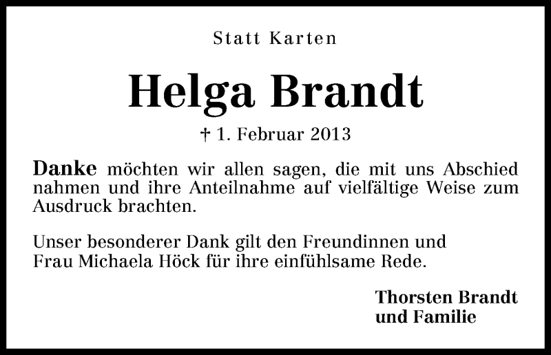 Traueranzeige von Helga Brandt von WESER-KURIER