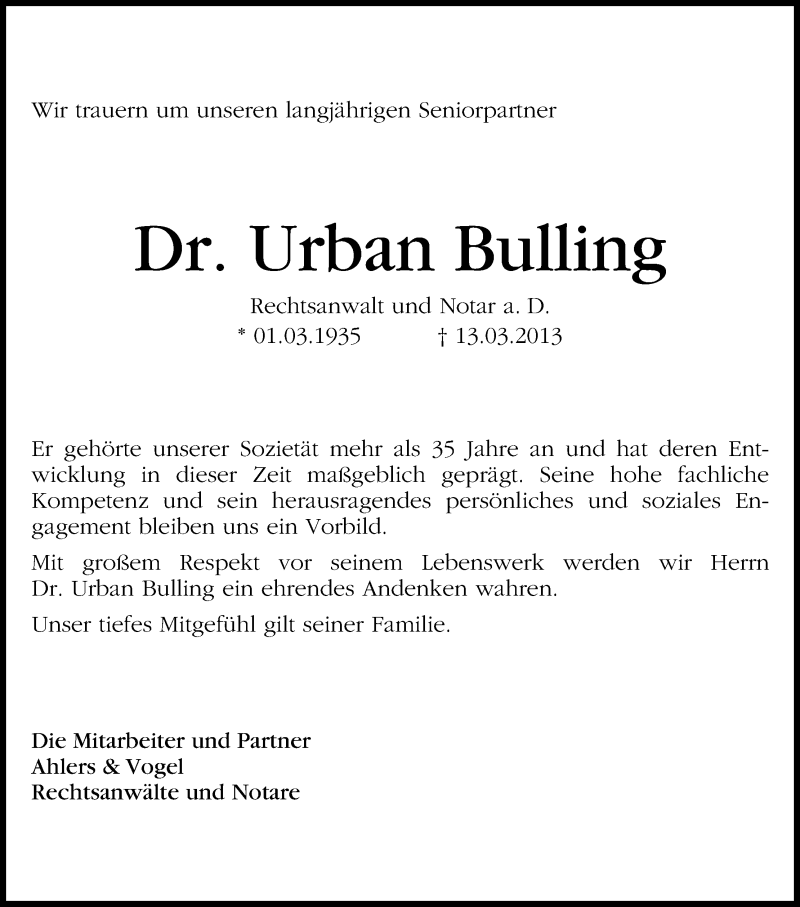 Traueranzeige von Urban Bulling von WESER-KURIER