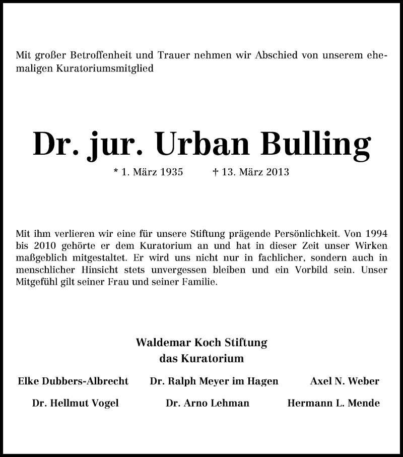 Traueranzeige von Urban Bulling von WESER-KURIER