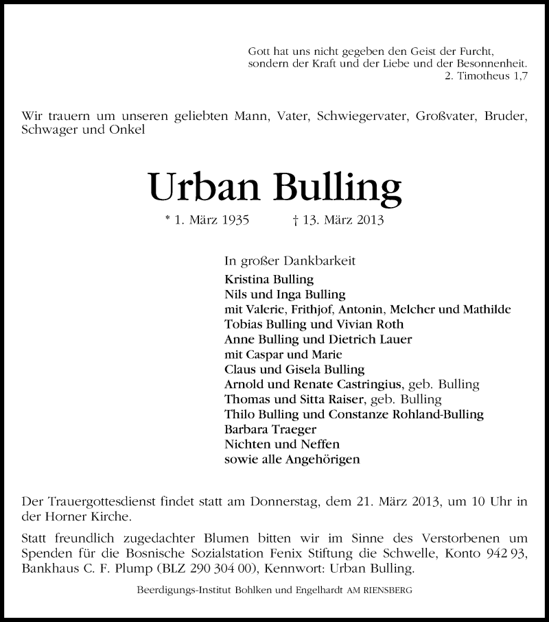 Traueranzeige von Urban Bulling von WESER-KURIER
