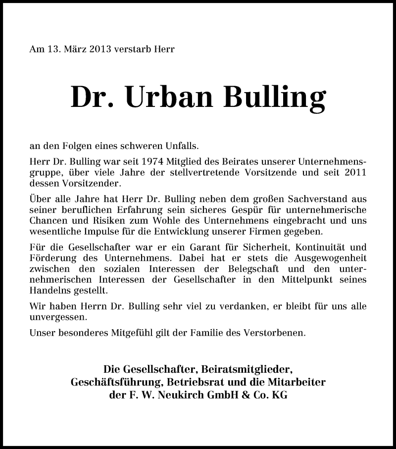 Traueranzeige von Urban Bulling von WESER-KURIER