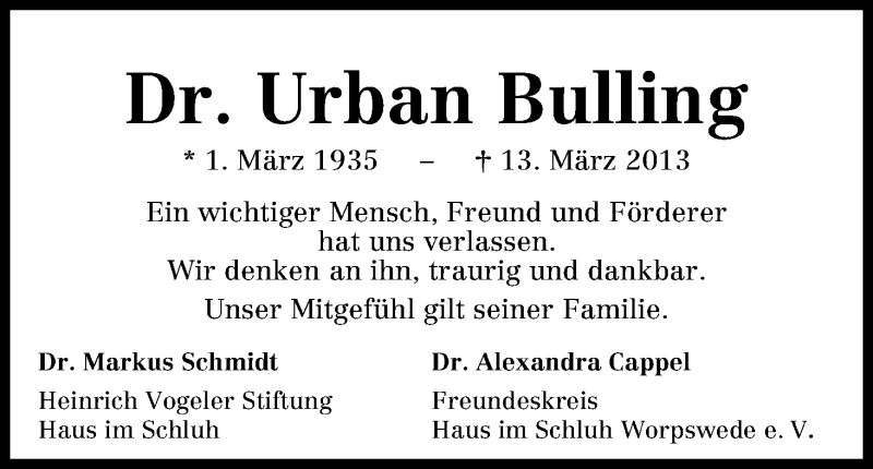 Traueranzeige von Urban Bulling von WESER-KURIER