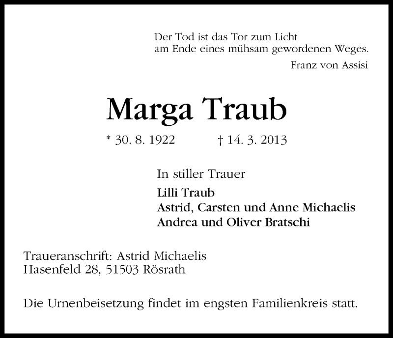 Traueranzeige von Marga Traub von WESER-KURIER