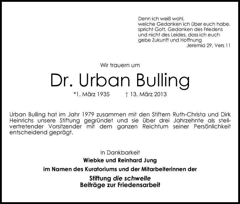 Traueranzeige von Urban Bulling von WESER-KURIER