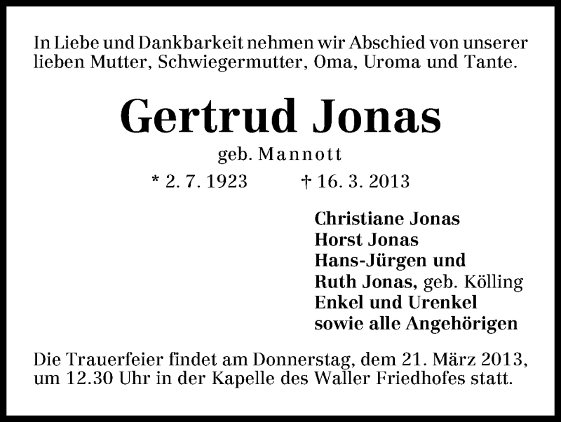 Traueranzeige von Gertud Jonas von WESER-KURIER