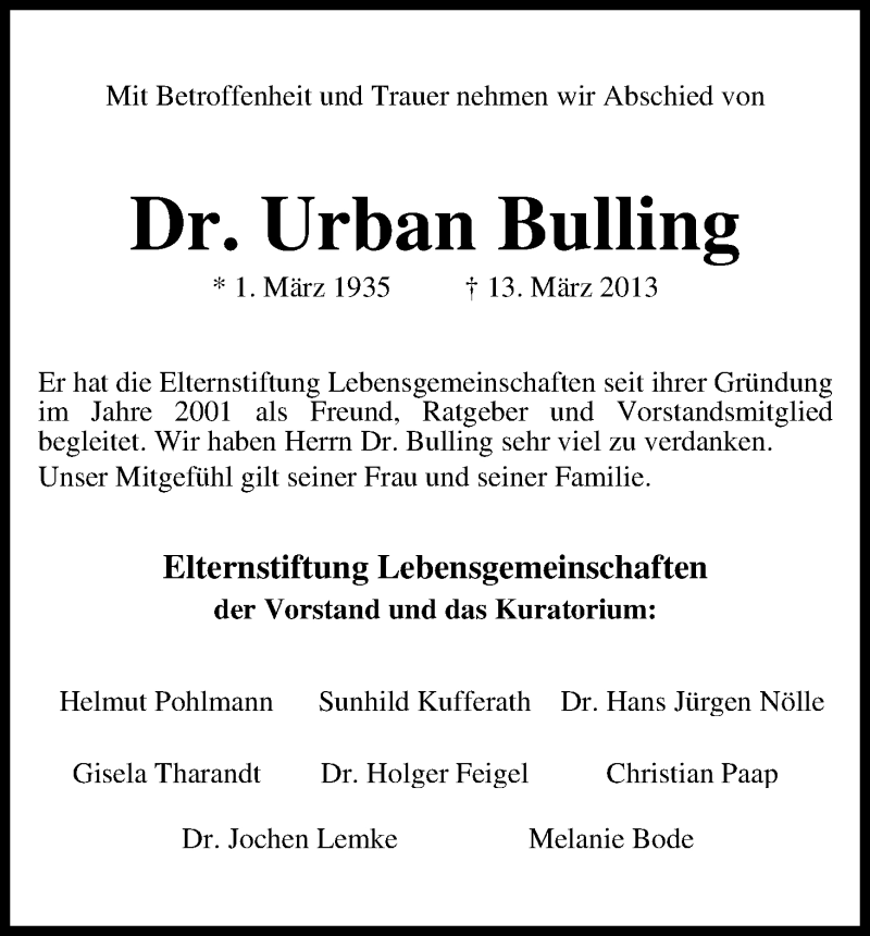 Traueranzeige von Urban Bulling von WESER-KURIER