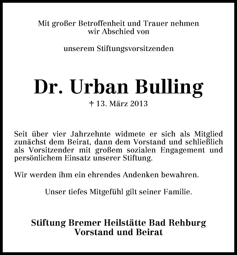 Traueranzeige von Urban Bulling von WESER-KURIER