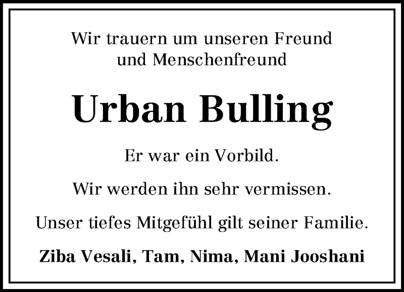 Traueranzeige von Urban Bulling von WESER-KURIER