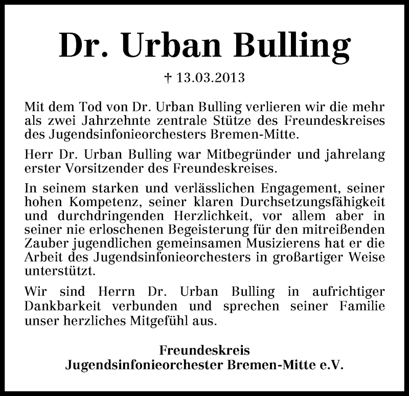Traueranzeige von Urban Bulling von WESER-KURIER