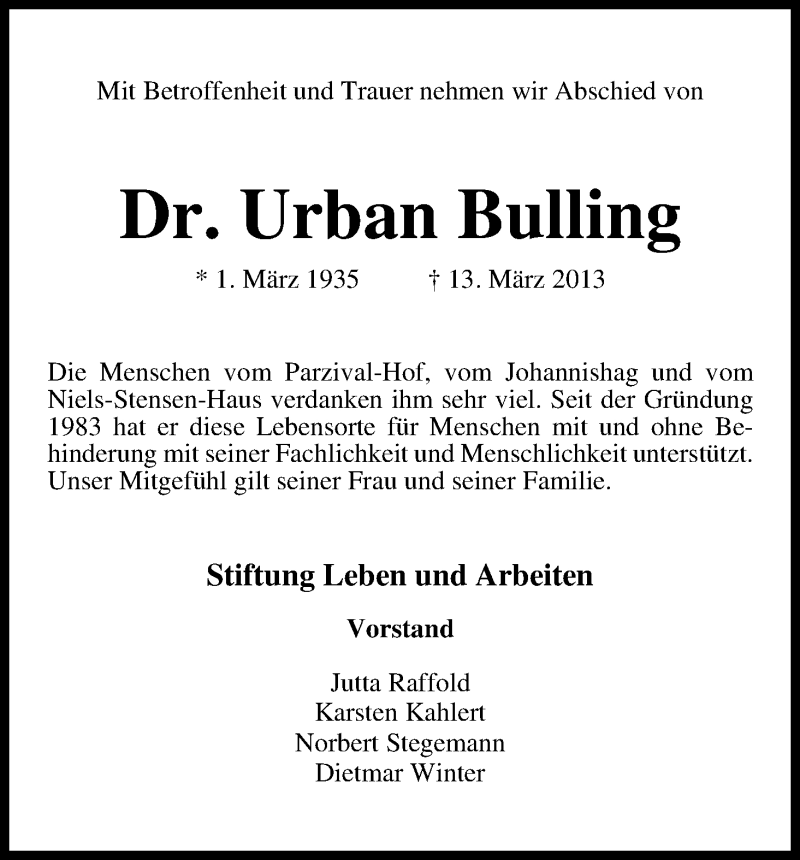 Traueranzeige von Urban Bulling von WESER-KURIER