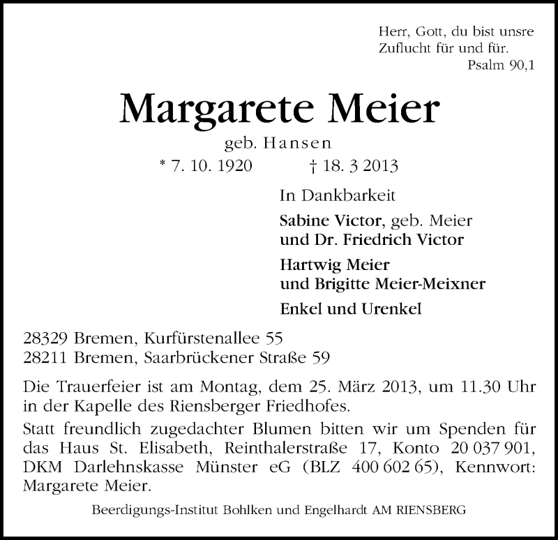 Traueranzeige von Margarete Meier von WESER-KURIER