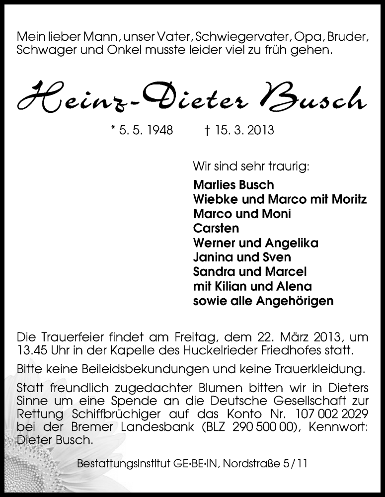 Traueranzeige von Heinz-Dieter Busch von WESER-KURIER