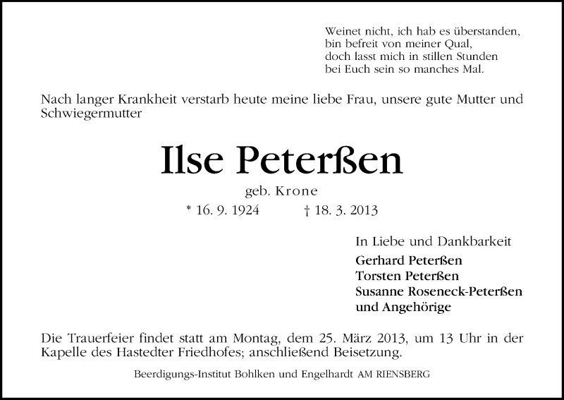 Traueranzeige von Ilse Peterßen von WESER-KURIER