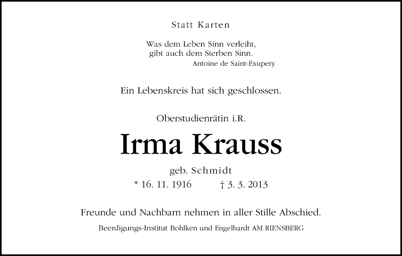 Traueranzeige von Irma Krauss von WESER-KURIER