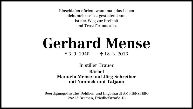 Traueranzeige von Gerhard Mense von WESER-KURIER