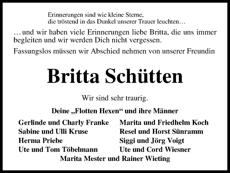 Traueranzeige von Britta Schütten von WESER-KURIER