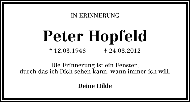 Traueranzeige von Peter Hopfeld von WESER-KURIER