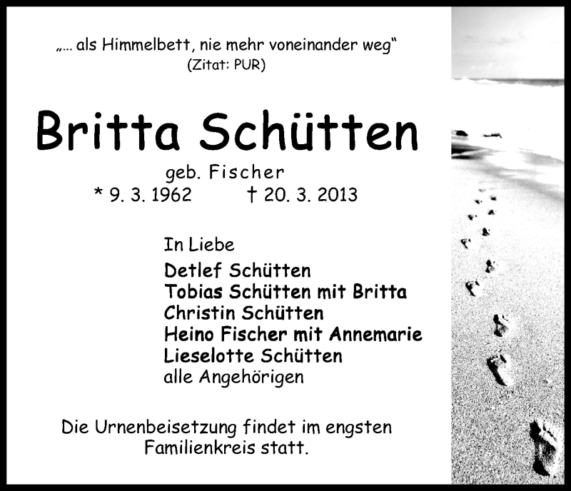 Traueranzeige von Britta Schütten von WESER-KURIER