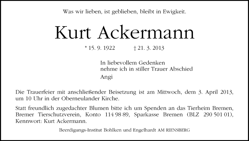 Traueranzeige von Kurt Ackermann von WESER-KURIER