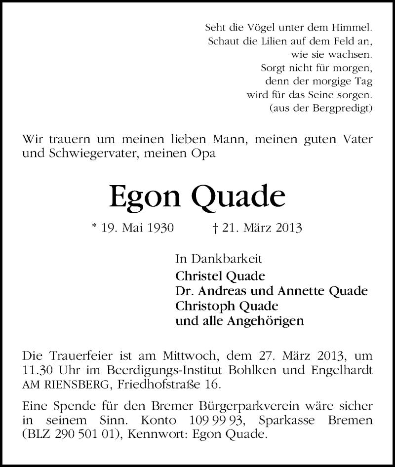 Traueranzeige von Egon Quade von WESER-KURIER