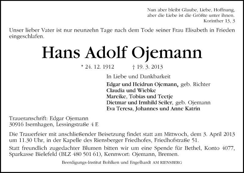 Traueranzeige von Hans Adolf Ojemann von WESER-KURIER