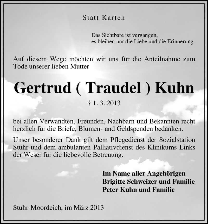 Traueranzeige von Gertrud Kuhn von WESER-KURIER