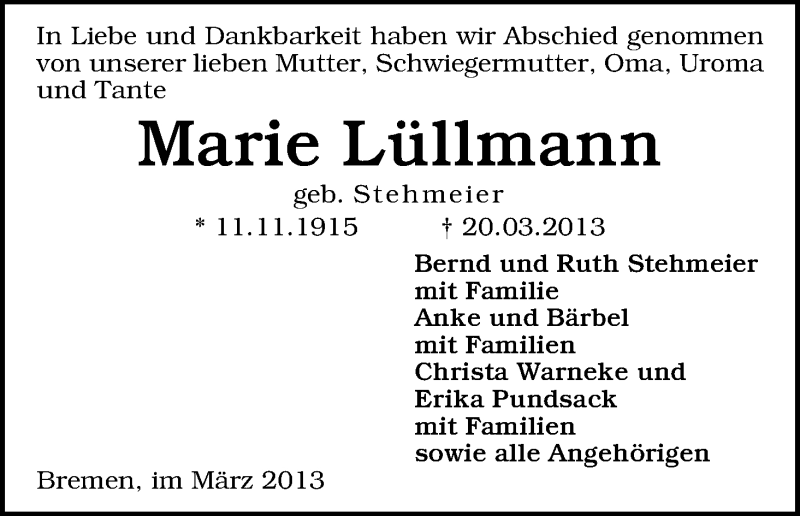 Traueranzeige von Marie Lüllmann von WESER-KURIER